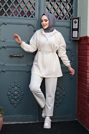 Kapşonlu Ekru Tesettür İkili Takım 12271E