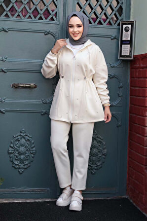 Kapşonlu Ekru Tesettür İkili Takım 12271E