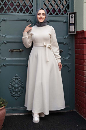 Kolları Boncuk İşlemeli Ekru Tesettür Elbise 23631E
