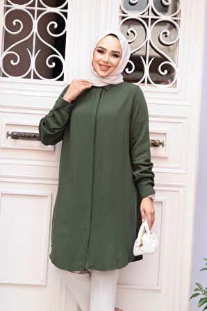 Düğmeli Açık Haki Tesettür Tunik 11715AHK