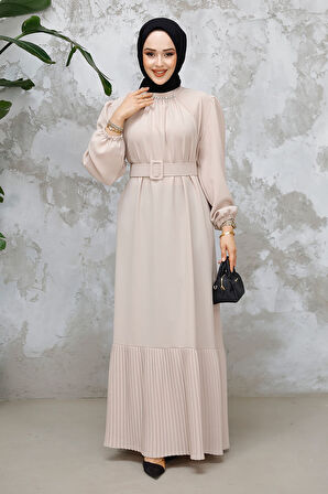 Tokalı Kemerli Bej Tesettür Elbise 65878BEJ