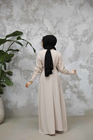 Tokalı Kemerli Bej Tesettür Elbise 65879BEJ