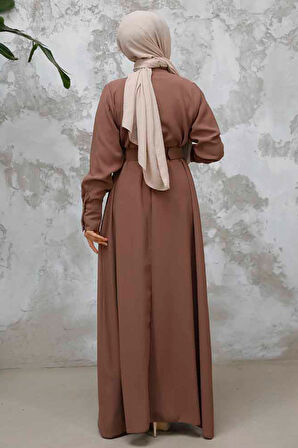 Tokalı Kemerli Koyu Vizon Tesettür Elbise 65879KV