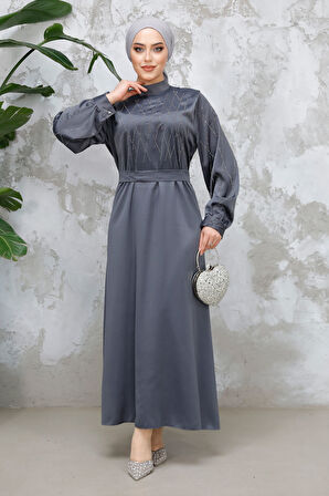 Boncuk Detaylı Füme Tesettür Saten Elbise 65880FU