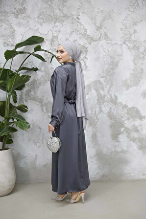 Boncuk Detaylı Füme Tesettür Saten Elbise 65880FU