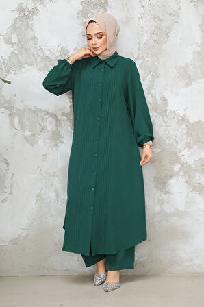 Düğmeli Zümrüt Yeşili Tesettür İkili Takım 10891ZY