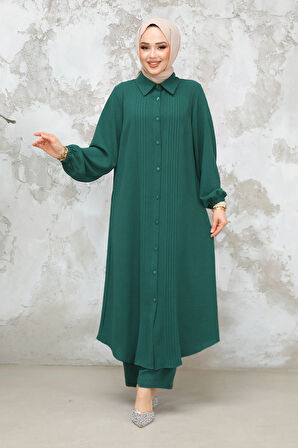 Düğmeli Zümrüt Yeşili Tesettür İkili Takım 10891ZY