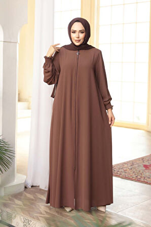Fermuarlı Çikolatalı Tesettür Ferace 45287CK