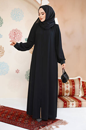 Fermuarlı Siyah Tesettür Abaya 35168S