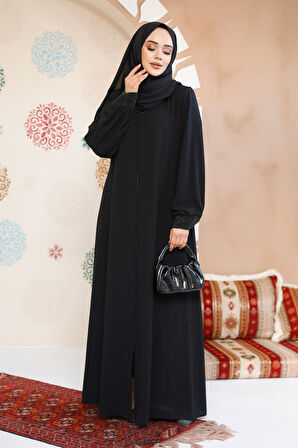 Fermuarlı Siyah Tesettür Abaya 35168S