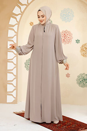 Fermuarlı Bej Tesettür Abaya 35168BEJ