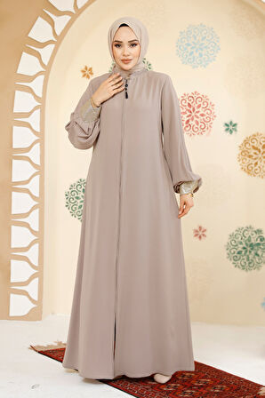Fermuarlı Bej Tesettür Abaya 35168BEJ