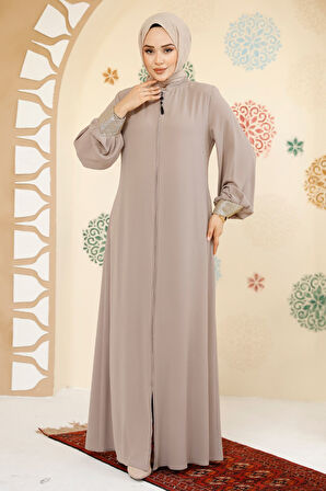 Fermuarlı Bej Tesettür Abaya 35168BEJ