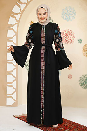 Desenli Siyah Tesettür Abaya 90311S