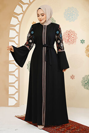 Desenli Siyah Tesettür Abaya 90311S