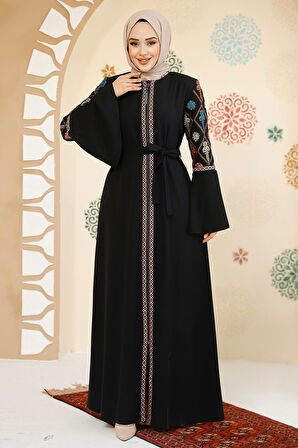 Desenli Siyah Tesettür Abaya 90311S