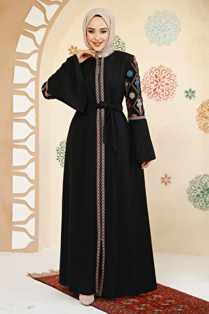 Desenli Siyah Tesettür Abaya 90311S