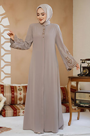 Nakış Desenli Bej Tesettür Abaya 98221BEJ