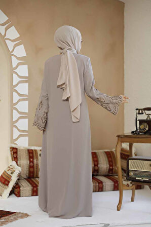 Nakış Desenli Bej Tesettür Abaya 98221BEJ