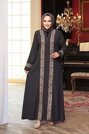 Desen Detaylı Petrol Yeşili Tesettür Ferace 29112PY