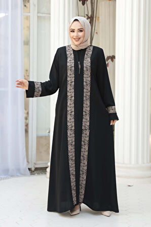 Desen Detaylı Siyah Bej Tesettür Ferace 29112SBEJ