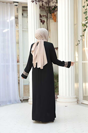 Desen Detaylı Siyah Bej Tesettür Ferace 29112SBEJ