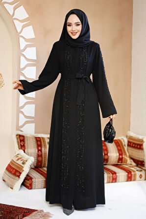 Boncuk İşlemeli Siyah Tesettür Abaya 29118S