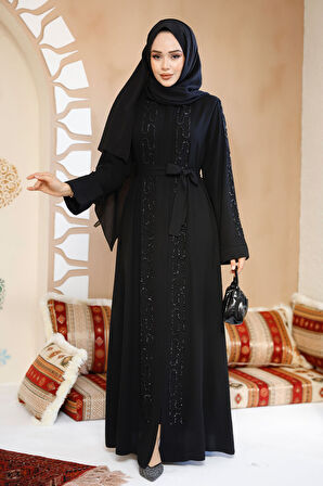 Boncuk İşlemeli Siyah Tesettür Abaya 29118S