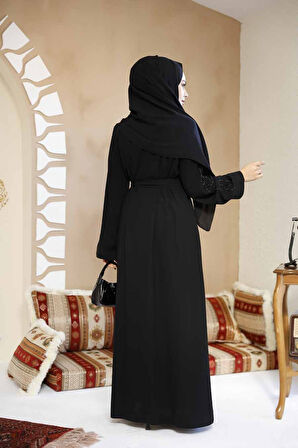 Boncuk İşlemeli Siyah Tesettür Abaya 29118S