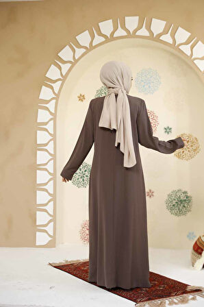 Boncuk İşlemeli Kahverengi Tesettür Abaya 29119KH