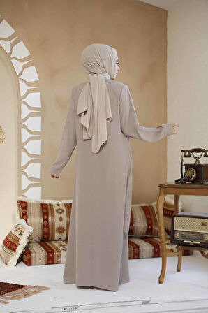 Boncuk İşlemeli Bej Tesettür Abaya 29119BEJ