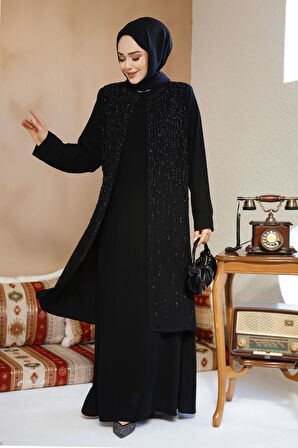 Boncuk İşlemeli Siyah Tesettür Abaya 29119S