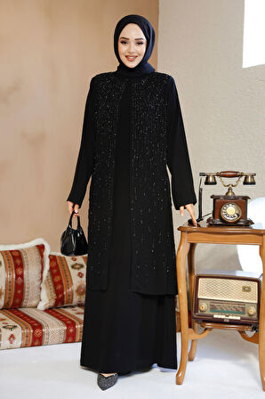 Boncuk İşlemeli Siyah Tesettür Abaya 29119S