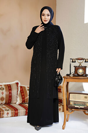 Boncuk İşlemeli Siyah Tesettür Abaya 29119S