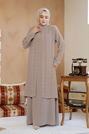 Boncuk İşlemeli Bej Tesettür Abaya 29120BEJ