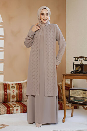 Boncuk İşlemeli Bej Tesettür Abaya 29120BEJ