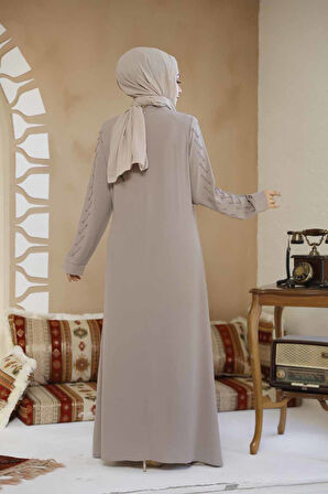 Boncuk İşlemeli Bej Tesettür Abaya 29120BEJ