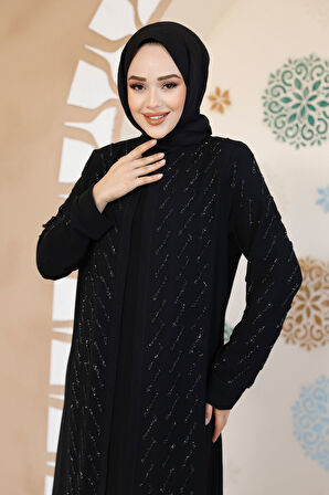 Boncuk İşlemeli Siyah Tesettür Abaya 29120S