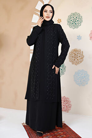 Boncuk İşlemeli Siyah Tesettür Abaya 29120S