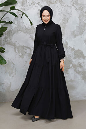 Kat Piliseli Siyah Tesettür Abaya 80781S