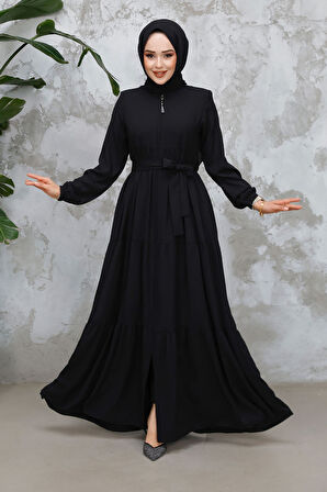 Kat Piliseli Siyah Tesettür Abaya 80781S