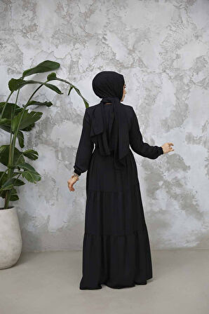 Kat Piliseli Siyah Tesettür Abaya 80781S