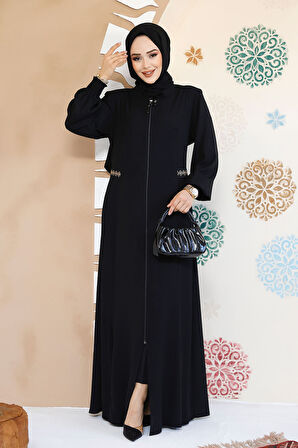 Fermuarlı Siyah Tesettür Abaya 8104S
