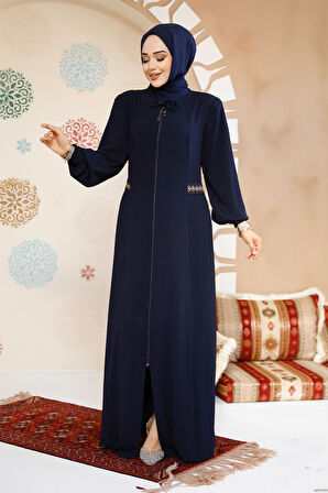 Fermuarlı Lacivert Tesettür Abaya 8104L
