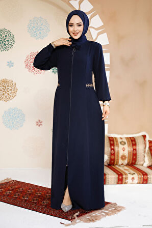 Fermuarlı Lacivert Tesettür Abaya 8104L