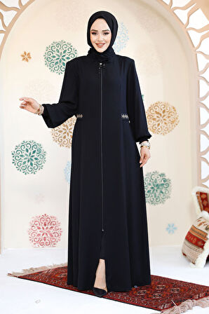 Fermuarlı Lacivert Tesettür Abaya 8104L