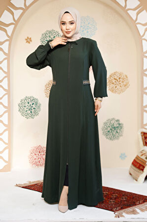 Fermuarlı Koyu Haki Tesettür Abaya 8104KHK