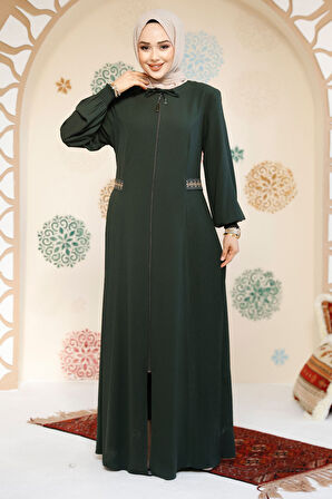 Fermuarlı Koyu Haki Tesettür Abaya 8104KHK