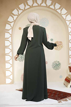 Fermuarlı Koyu Haki Tesettür Abaya 8104KHK