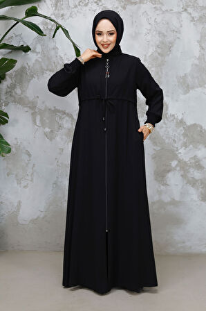 Fermuarlı Siyah Tesettür Abaya 81291S
